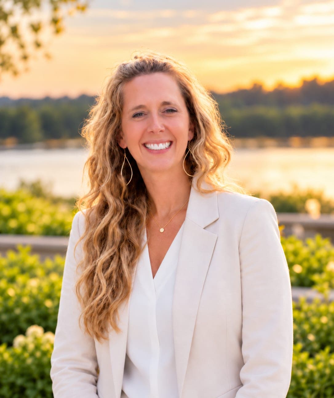 Holly Allen smiling outdoors by the water at sunset, wearing a cream blazer and white blouse.